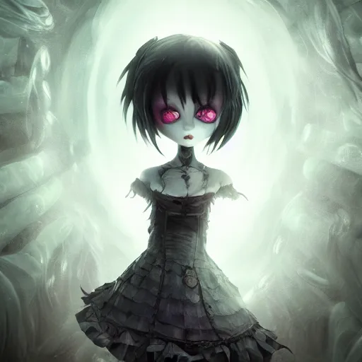 Image similar to full shot portrait of angry darkness cute anime girl at moonlight, gothic wearing, inspired by Tim Burton, Norihiro Yagi, WLOP, Marc Simonetti, Amano, Andrei Riabovitchev, detailed, unreal engine 4k volumetric light, fog,