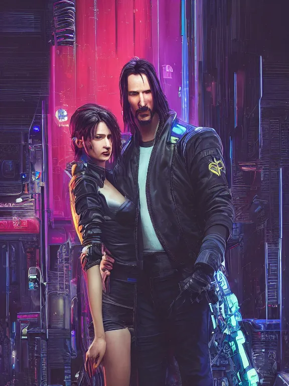 Prompt: a cyberpunk 2077 couple portrait of Keanu Reeves and V began a love story used lots of electric cable connected to giant computer,film lighting,by laurie greasley,Lawrence Alma-Tadema,William Morris,Dan Mumford,trending on atrstation,FAN ART,full of color,Digital painting,face enhance,highly detailed,8K, octane,golden ratio,cinematic lighting