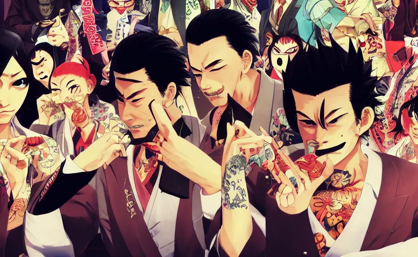 Image similar to a gang of yakuza eating sushi, digital painting masterpiece, advanced lighting technology, stylized yet realistic anatomy and face, gorgeous, by reiq and jamie hewlett and bengus and akiman and shigenori soejima and bastien vives and balak and michael sanlaville, 4 k wallpaper, cinematic, gorgeous brush strokes