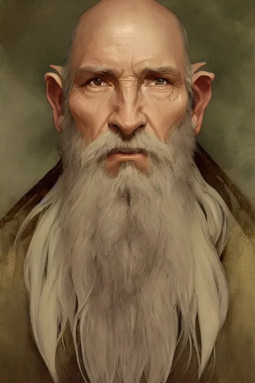 Image similar to a highly detailed portrait painting of an elderly healer elf male, long white beard, long elf ears, by greg rutkowski and alphonse mucha, sharp focus, matte, concept art, artstation, digital painting