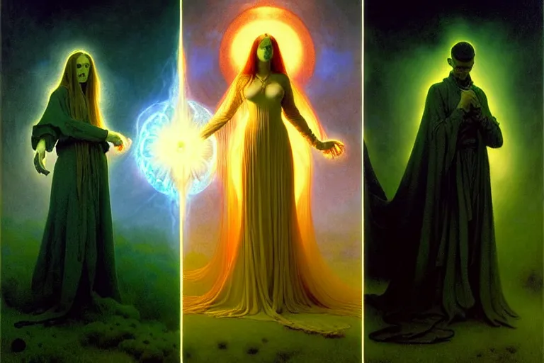 Prompt: the female arcanist and the male artificer by zacharias aagaard and albert bierstadt and gerald brom and zdzisław beksinski and james gilleard and marc simonetti and jean delville, beautiful, robes, highly detailed, hyperrealistic, intricate, energy, electricity, blue flame, low light, green crystal, high contrast