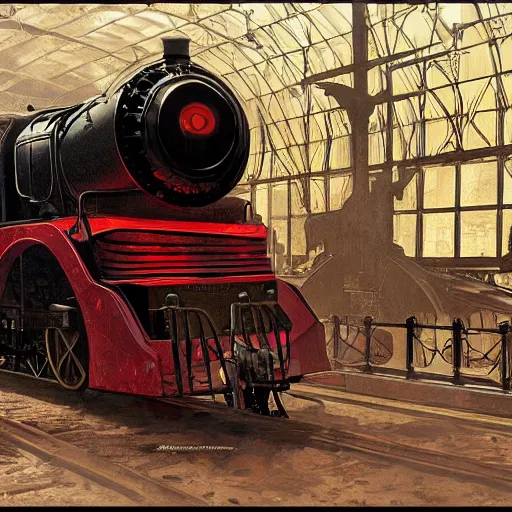 Image similar to futuristic sleek steam locomotive in red dead redemption 2 by greg rutowski, by alphonse mucha, by stanley artgerm