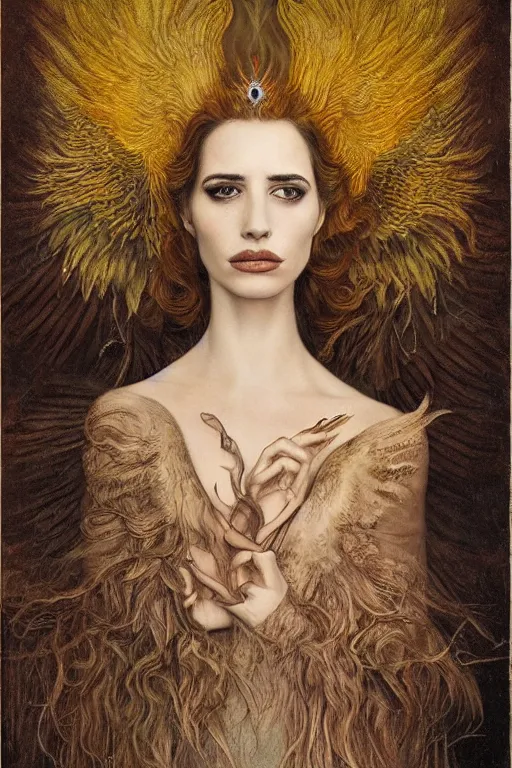 Image similar to portrait of a combination of Eva Green and Emma Roberts as the phoenix queen by agostino arrivabene and denis forkas