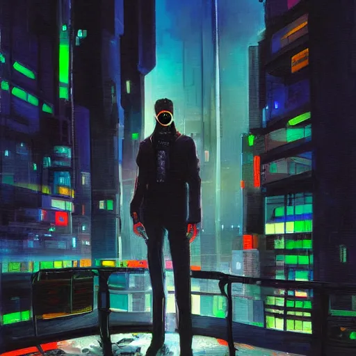 Prompt: a beautiful painting of a cyberpunk guy in a cityscape