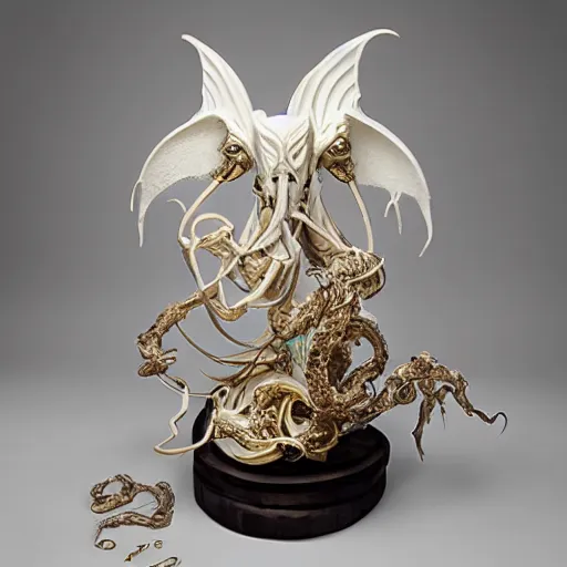 Image similar to angelarium, illithid, cthulhu, white with gold accents, sculpture by ellen jewett