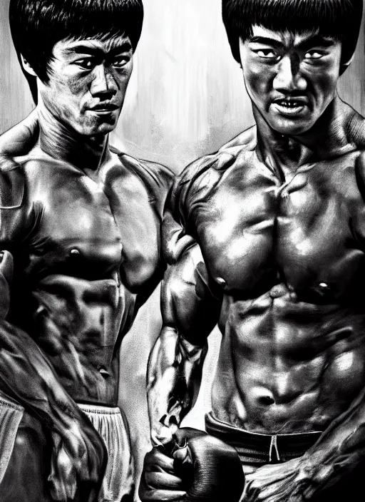 Prompt: Film poster Arnold Schwarzenegger VS Bruce lee , faces look at each other, detailed and realistic, 4k, filmic render