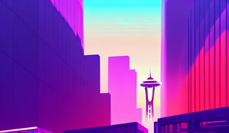 Image similar to a beautiful and immaculate futuristic seattle. view from an alleyway. vaporwave ombre rendering. outrun style. trending on artstation. recommended for you behance. by col price. by chris moore. by beeple.