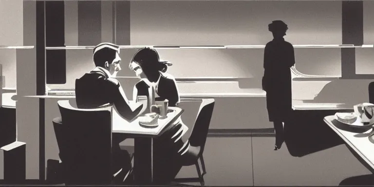 Prompt: a man and a girl seated face to face, having coffe in an empty diner, storyboard panel by syd mead, large shot, frontal view, grayscale pantone