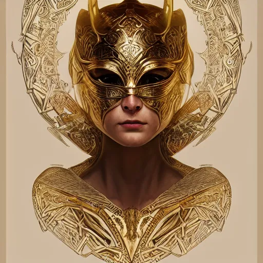 Image similar to portrait of a norse moon goddess, with golden half - mask, intricate, elegant, highly detailed, digital painting, artstation, concept art, smooth, sharp focus, illustration, art by artgerm and greg rutkowski and alphonse mucha and william - adolphe bouguereau