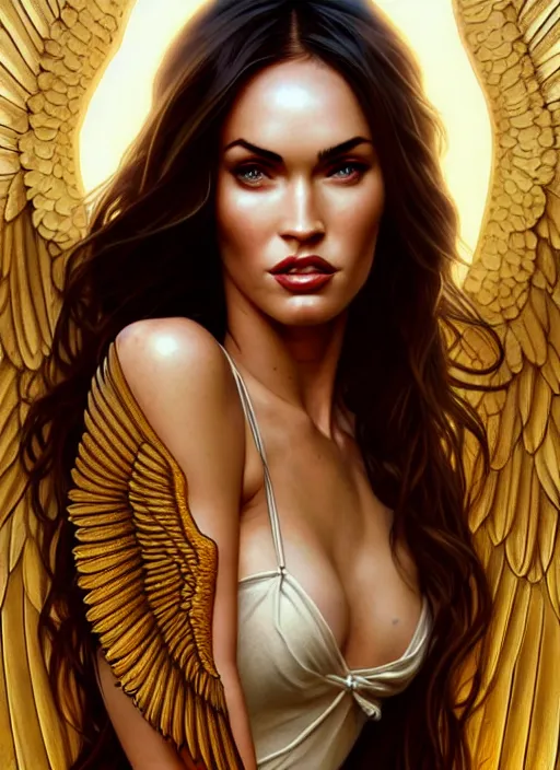 Image similar to portrait of megan fox as an sultry blonde angel, wings, bible, intricate, headshot, highly detailed, digital painting, artstation, concept art, sharp focus, cinematic lighting, illustration, art by artgerm and greg rutkowski, alphonse mucha, cgsociety