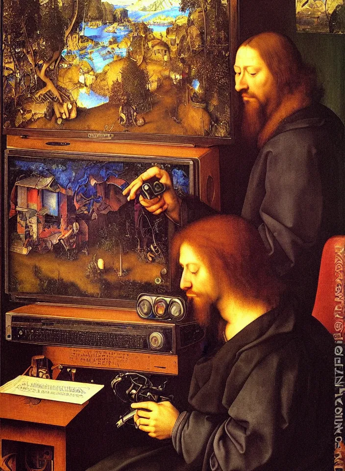 Prompt: Portrait of a man playing a video game on a CRT television. Painting by Albrecht Dürer. Intricate details. hyper realism. Masterpiece.