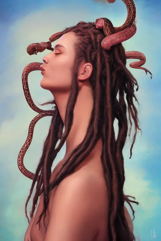 Image similar to portrait of an king queen with dreads snake hair, straight on portrait, by artgerm, tom bagshaw, gerald brom, vaporwave colors, lo fi colors, vaporwave, lo fi, 2 point studio lighting, dramatic lighting, 4 k, hd,