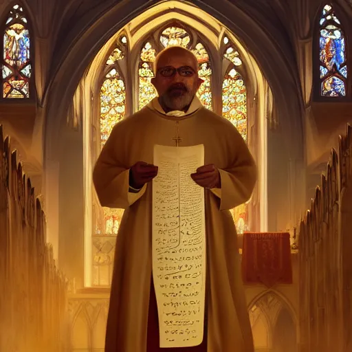 Image similar to a Priest holding up the gospel of Emad in a beautiful cathedral, highly detailed, digital painting, artstation, concept art, smooth, sharp focus, illustration, Unreal Engine 5, 8K, art by artgerm and greg rutkowski and alphonse mucha