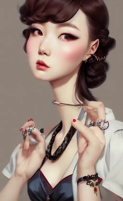 Image similar to a pin up and beautiful fashion charming dreamlke korea girl with lv jewelry, character art, art by artgerm lau and kyoung hwan kim and and ilya kuvshinov and john singer sargent, hyperdetailed, 8 k realistic, symmetrical, frostbite 3 engine, cryengine, dof, trending on artstation, digital art