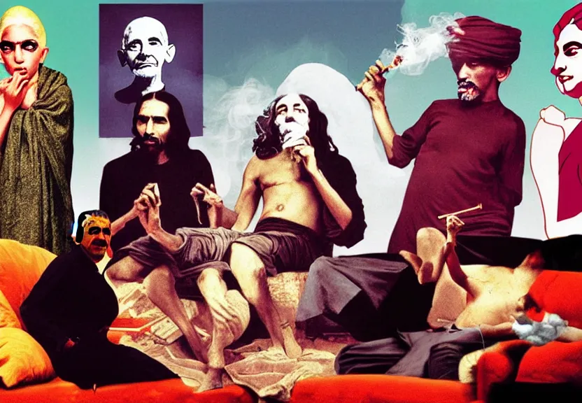 Image similar to smoke session for the ages: Gandhi , Obama, Jesus, And Lady GaGa smoking a fat blunt on a sofa by Andy Warhol, photograph, by Beeple