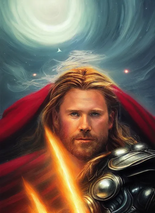 Image similar to detailed portrait of Thor wearing a cloak over his head, eyes on fire with celestial flames, a halo of shimmering color around him, future earth in the background, by Jason Jenicke and Jeremy Mann, intricate, beautiful, stylized, detailed, realistic, loose brush strokes, dramatic, enduring, captivating, Artstation