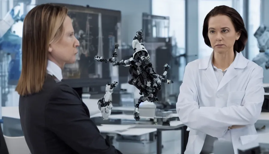 Image similar to big budget action movie about female scientist confronts male ceo about robot photographs