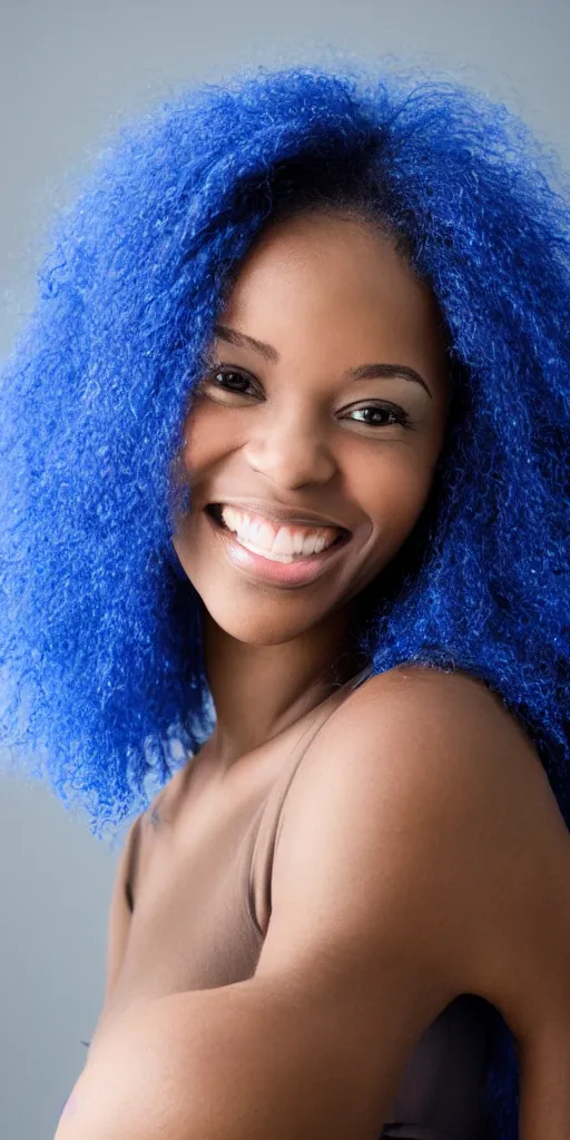 Image similar to picture of a single black woman with blue hair smiling, portrait, realistic, photograph