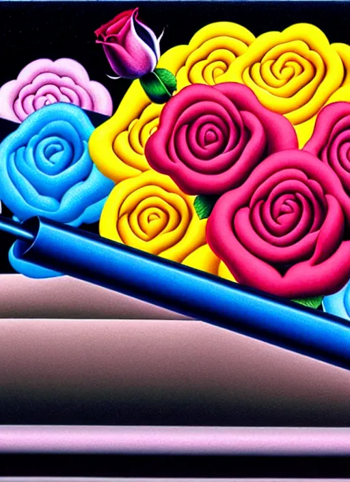 Prompt: roses sticking out of a riffle by shusei nagaoka, kaws, david rudnick, airbrush on canvas, pastell colours, cell shaded, 8 k