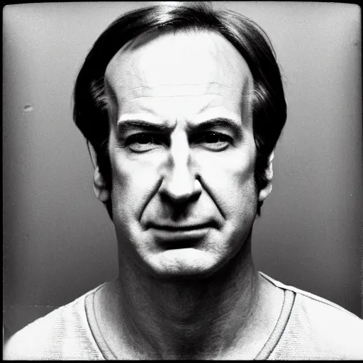 Image similar to Mugshot Portrait of Saul Goodman, taken in the 1970s, photo taken on a 1970s polaroid camera, grainy, real life, hyperrealistic, ultra realistic, realistic, highly detailed, epic, HD quality, 8k resolution, body and headshot, film still, front facing, front view, headshot and bodyshot, detailed face, very detailed face