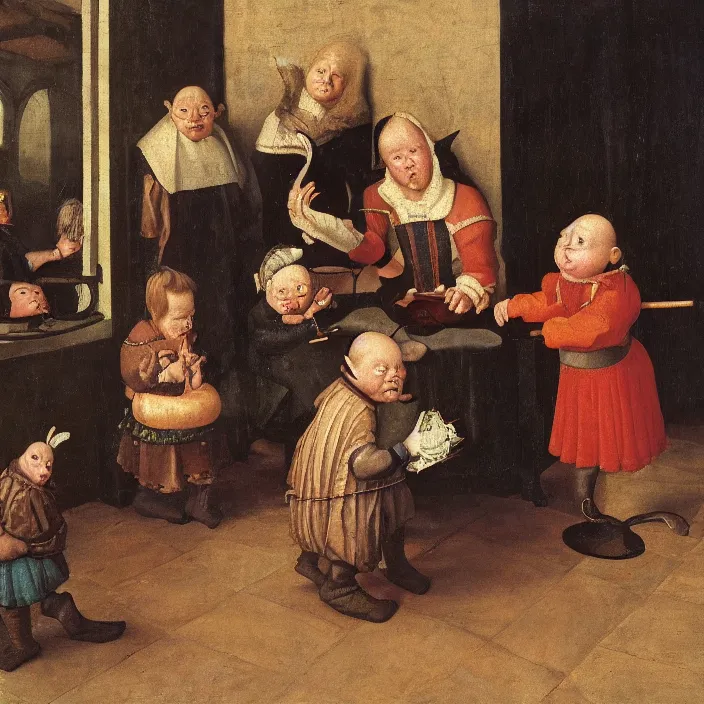 Prompt: a goblin child sitting alone watching children play, early netherlandish painting,