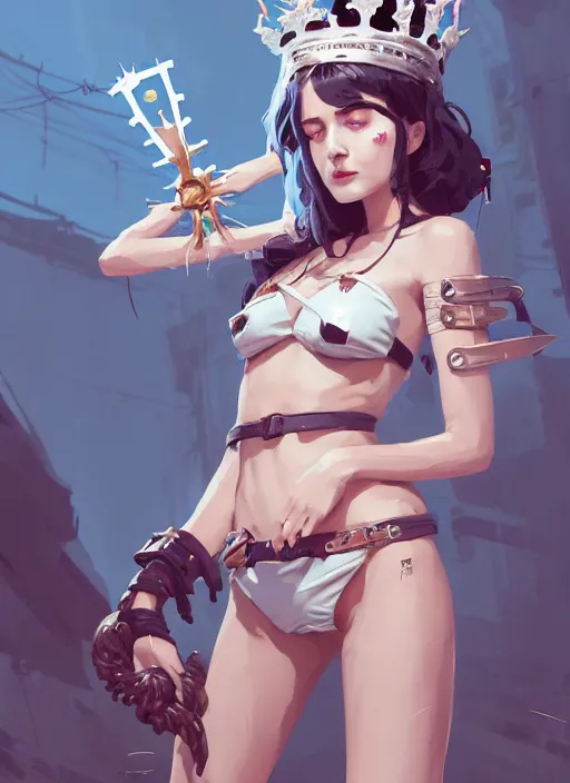 Image similar to portrait of cute maiden girl with crown of thorns and white short hairs, dressed in belts bikini, warhammer, cyberpunk, by atey ghailan, by greg rutkowski, by greg tocchini, by james gilleard, by joe gb fenton, by kaethe butcher, dynamic lighting, gradient light blue, brown, blonde cream and white color in scheme, grunge aesthetic