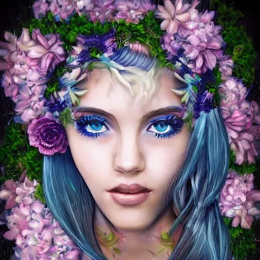 Image similar to incredibly beautiful portrait of A girl who looks like a priestess of love. With a gorgeous wreath of flowers on her head and blue eyes. White hair. Tattoo