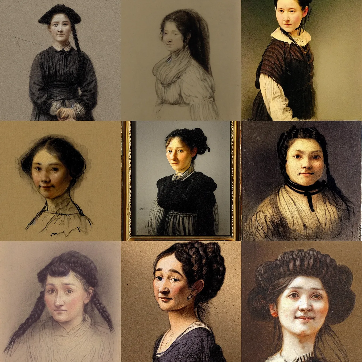 Prompt: a sadly smiling black haired, young hungarian village maid from the 19th century who looks very similar to Lee Young Ae with a french braids, detailed, sketch by Rembrandt, Csók István and da Vinci