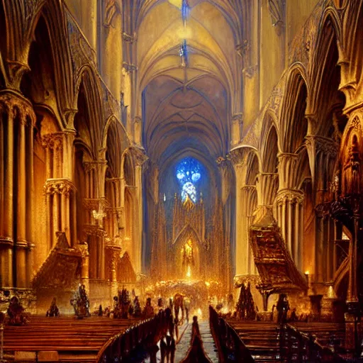 Image similar to inside a giant medieval cathedral, ornate and intricate details. highly detailed painting by gaston bussiere, craig mullins, j. c. leyendecker 8 k