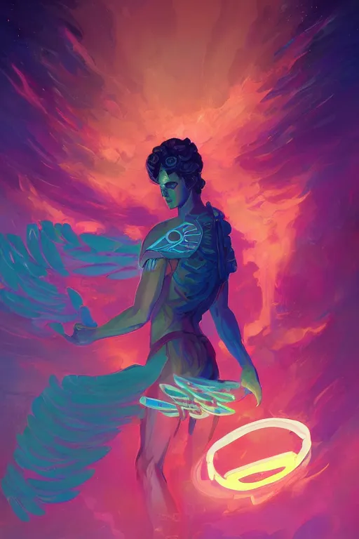 Image similar to highly detailed, the handsome greek god hermes, wearing winged helmet, holding glowing laptop computer, clouds of glowing binary code, digital painting bioluminance alena aenami artworks in 4 k design by lois van baarle by sung choi by john kirby artgerm style pascal blanche and magali villeneuve