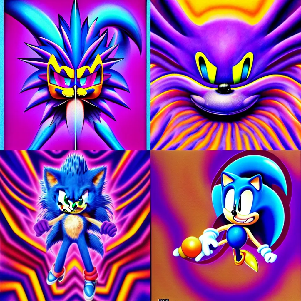 Prompt: surreal, sharp, detailed professional, high quality airbrush art portrait MGMT album cover of a liquid dissolving DMT sonic the hedgehog, purple checkerboard background, 1990s 1992 Sega Genesis video game box art