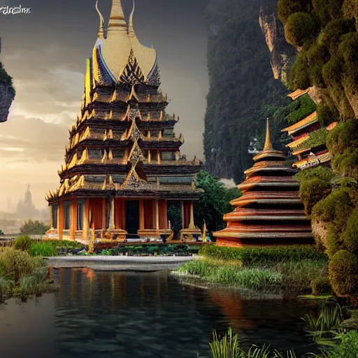 Image similar to 1 6 k unreal engine render of an ancient never seen before thailand high detail temple. complex architecture with intricate pilars. high detailed water., river, jungle background. afternoon light. hyper realistic render, digital illustration, trending on art station