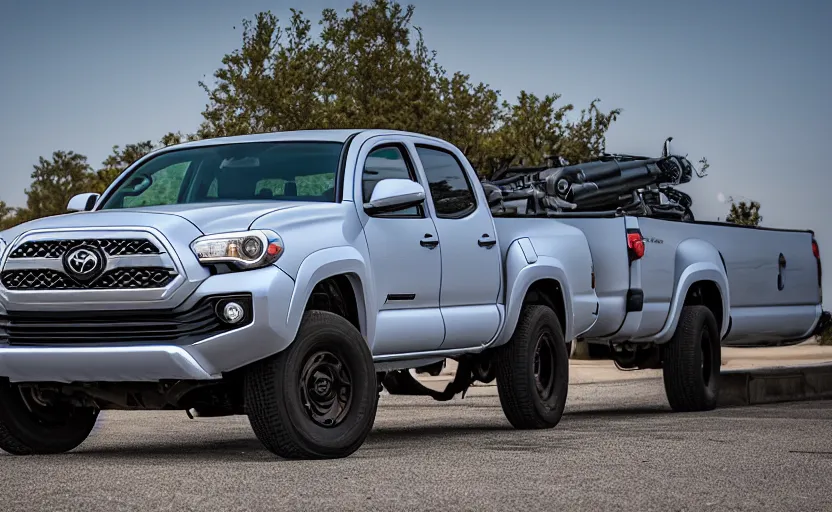 Prompt: photo of a UB-32 rocket pod on a Toyota Tacoma, highly detailed, 4k photo, shot with sony alpha