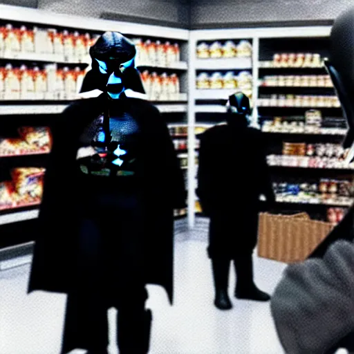 Image similar to security camera footage of darth vader shopping in an convenience store, filmic, cinematographic