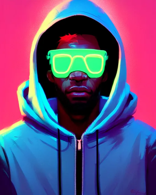 Image similar to neo - noir artstyle, hyper - realistic detailed portrait of a man in a hoodie, with neon visor, by atey ghailan, by greg rutkowski, by greg tocchini, by james gilleard, by joe fenton, by kaethe butcher, sharp focus