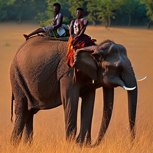 Prompt: film matrix ( 1 9 9 9 ) film still of shot of an tribal african man riding an elephant alone on the savannah, extreme long shot, 4 k, award winning