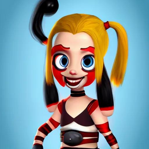 Image similar to baby harley quinn with pigtail in hair like pebbles flintstones playing with a magic wand, full body, big head, large smile, pixar style, happy, chill out 4 k trending on artstation