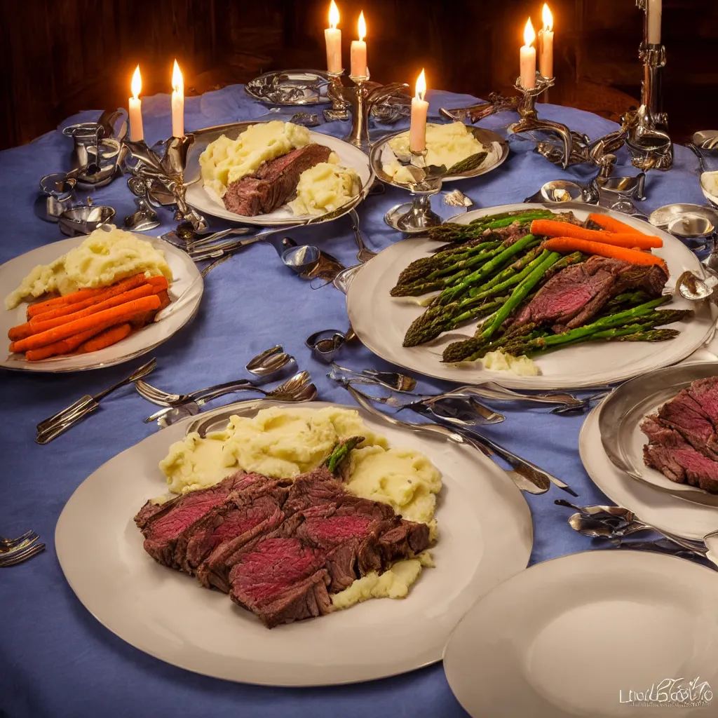 Image similar to single plate with prime rib, asparagus, mashed potatoes and gravy, and steamed carrots with blue table cloth and lit candles in ornate silver candlesticks, ultra - realistic, photo realism, professional photograph, extreme detail, deep focus, laser sharp, volumetric lighting, atmospheric, luxury, elite