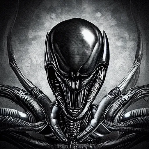 Image similar to “Alien, xenomorph, god of death, dark, evil, fantasy, intricate detail , realistic render”