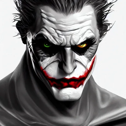 Prompt: half batman mask half joker face, digital painting, amazing detail, artstation, cgsociety, photorealistic