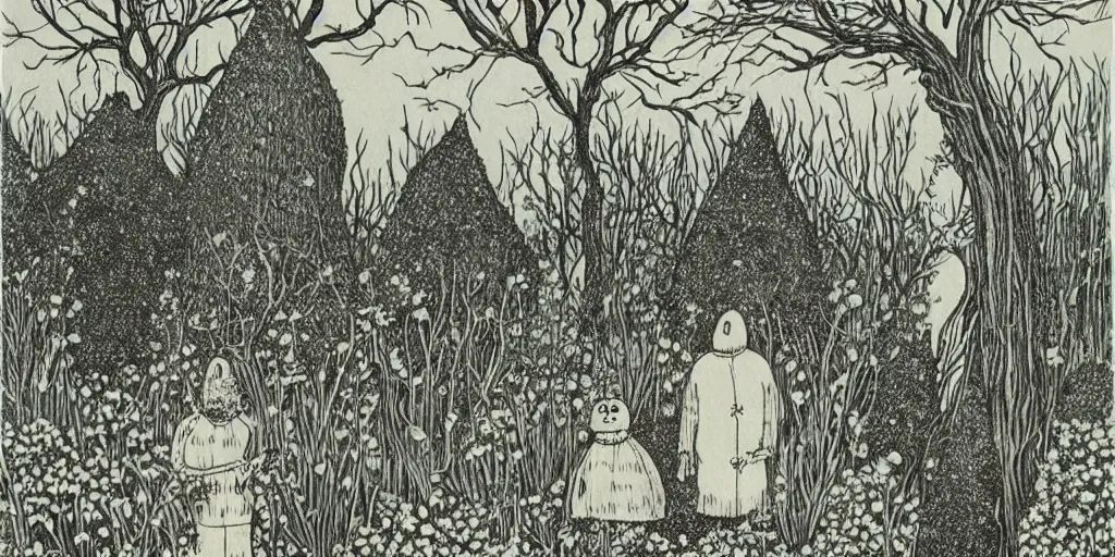 Prompt: creepy garden by edward gorey. book cover