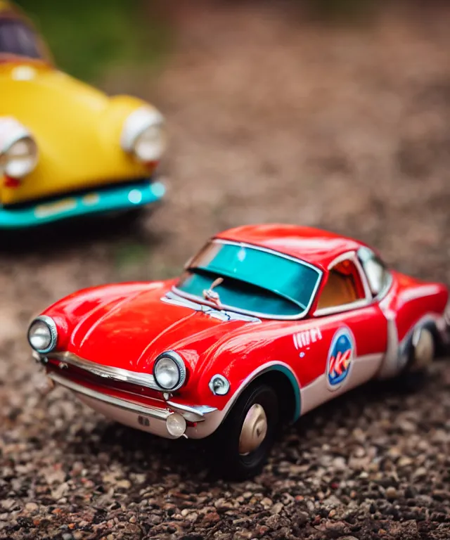 Image similar to high quality presentation photo of a retro toy car, photography 4k f1.8 anamorphic bokeh 4k Canon Nikon