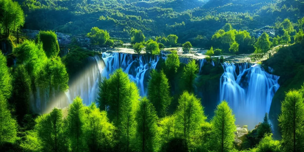 Image similar to evergreen valley, several waterfalls, ancient marble city, tall buildings, landscape, global illumination, morning light, radiant light, bird's eye view