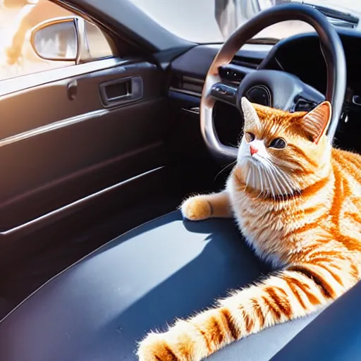 Image similar to top view of cabriolet, cat sitting in driver seat with paws resting on top of steering wheel, golden hour, top view