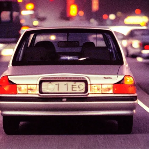 Prompt: silver corolla ae 1 1 0 rides on tokyo highway, night, high traffic, photograph from 1 9 9 9 year