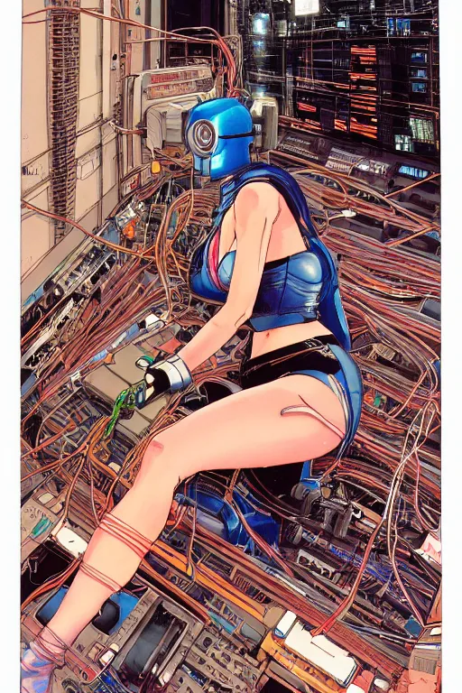 Prompt: an hyper-detailed cyberpunk illustration of a female android seated on the floor in a tech labor, seen from the side with her body open showing cables and wires coming out, by masamune shirow, and katsuhiro otomo, japan, 1980s, centered, colorful