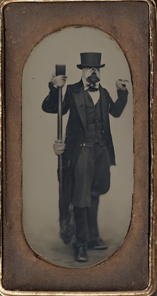Prompt: a vintage tintype portrait of a dignified bigfoot wearing a top hat and carrying a cane