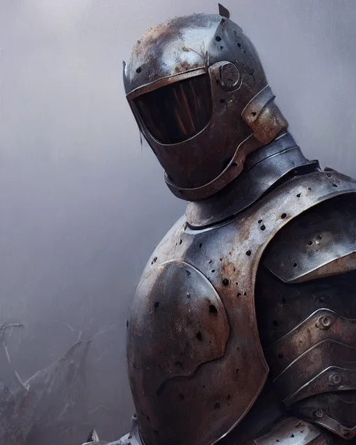 Image similar to Hyper realistic painting of an empty suit of rusty medieval full plate armour, dark fantasy, fantasy armor, hyper detailed, by greg rutkowski, surrounded by dark fog, trending on artstation