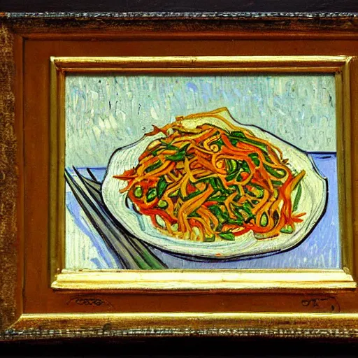 Prompt: painting of chicken lo mein, spicy, by vincent van gogh