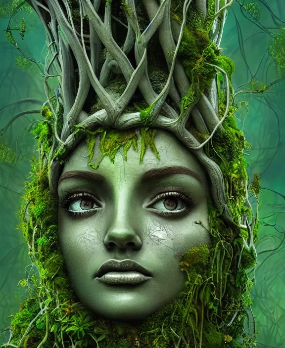 Image similar to statue of liberty overgrown and covered in moss and vines, perfect face, symmetrical eyes, green skin, cinematic, stunning, elegant, highly detailed, psychedelic, digital painting, artstation, smooth, hard focus, illustration, art by jessica rossier and and brian froud